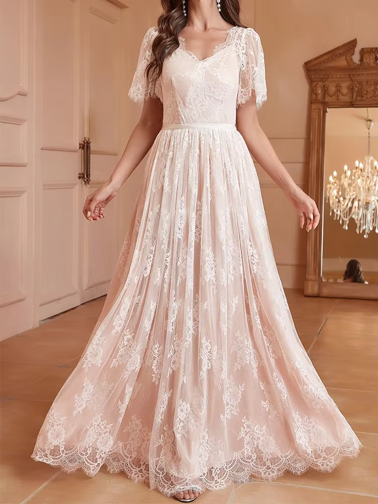 Evening Dresses Woman Elegant 2024 Women's Pink Lining White Lace Backless Wedding Bridesmaid Dress Long Vestidos De Fiesta
