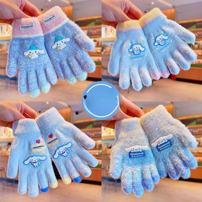 Sanrio Gloves Kawaii My Melody Kuromi Cold-Proof Winter Finger Gloves Plush Screen Touch Warm Children Toddler Christmas Gifts
