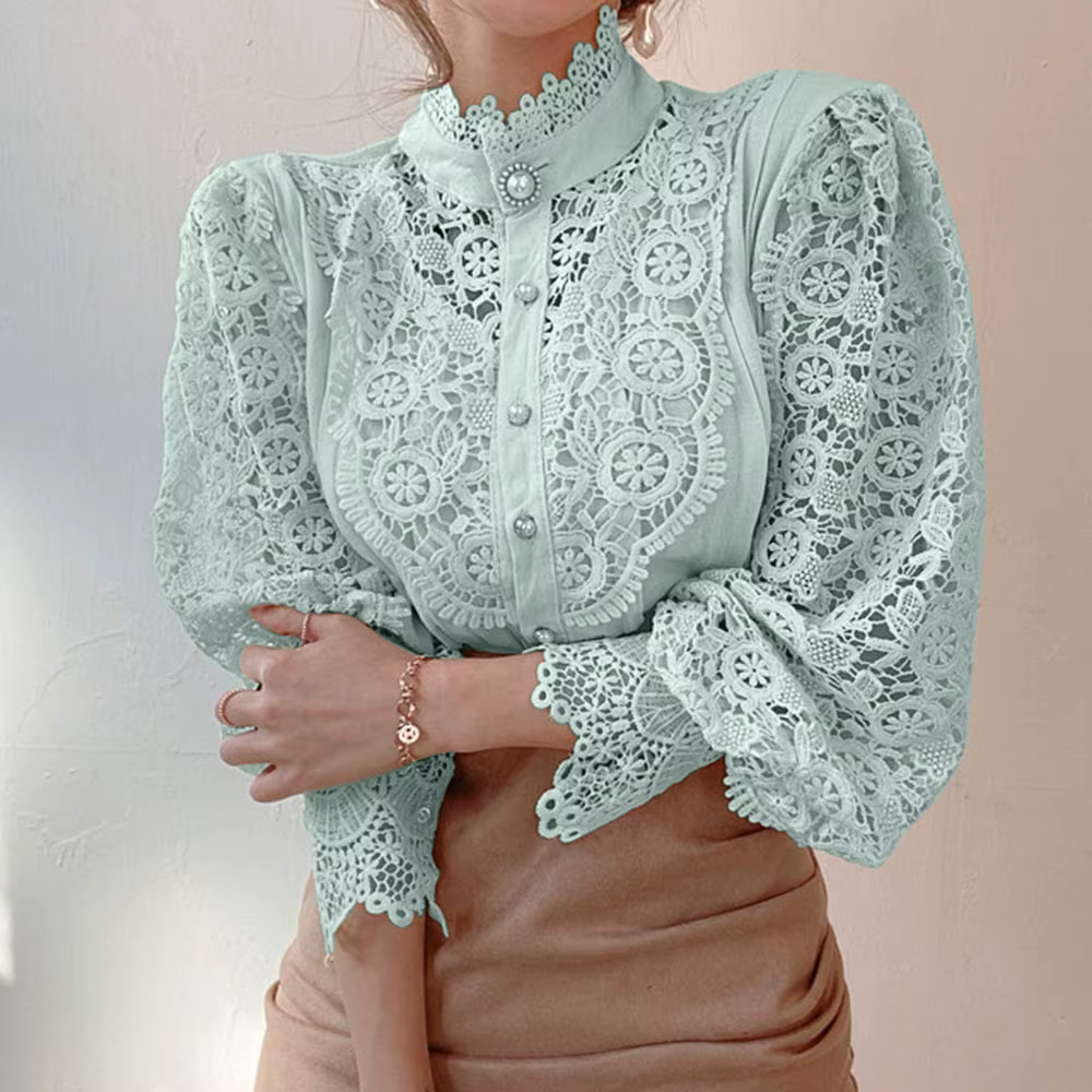 Vintage Lace Embroidery Blouses For Women Solid Hollow Out Petal Sleeve Stand Collar Female Tunic Loose Plus Size White Shirt