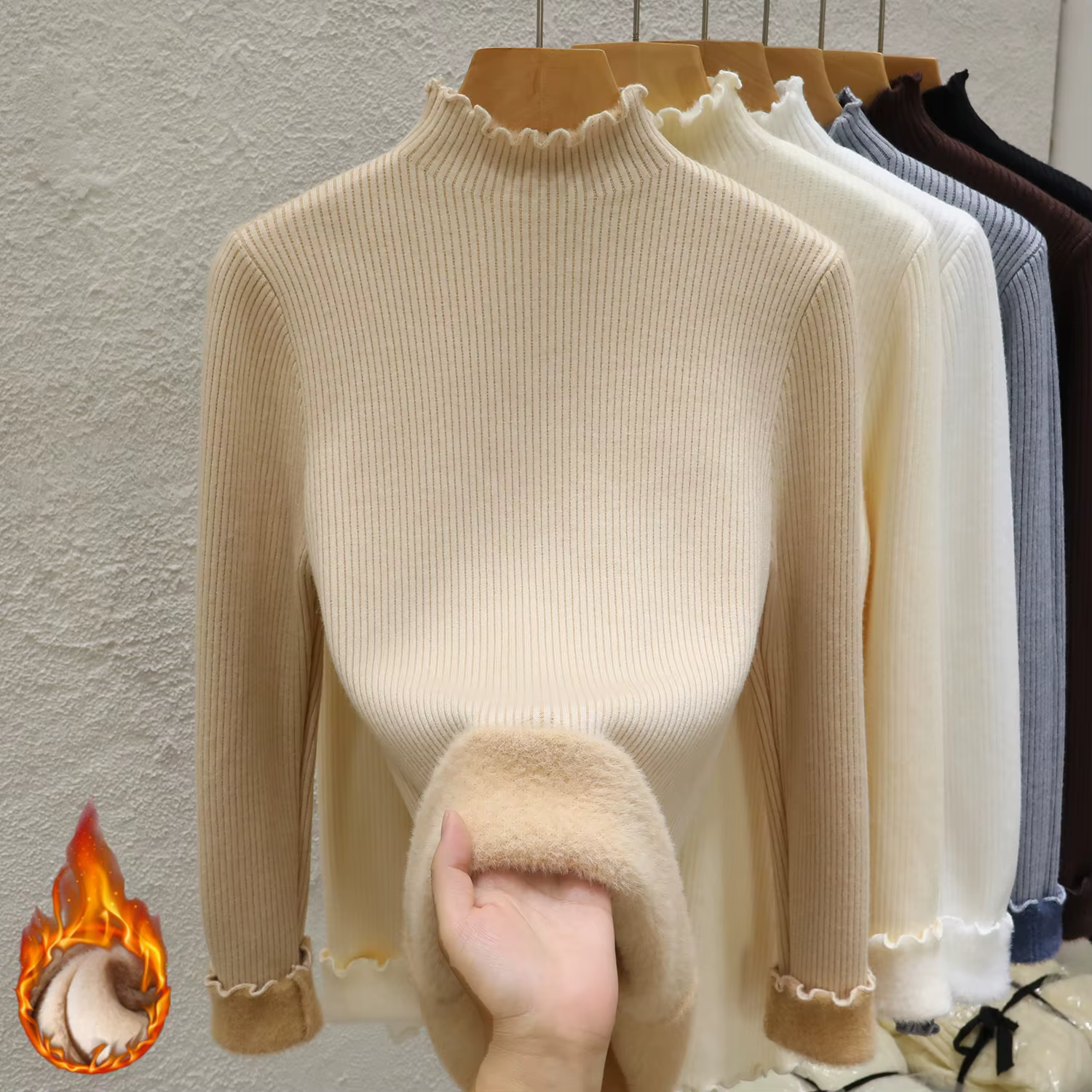 Women's Turtleneck Plus Velvet Thicken Sweaters Winter Slim Warm Ruched Knitted Tops Casual Plush Fleece Lined Soft Pullover