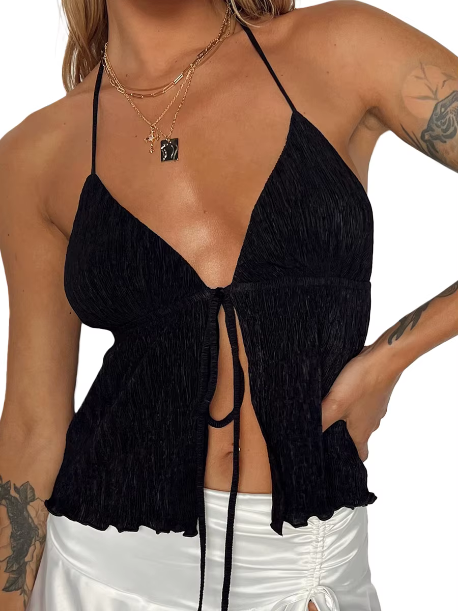 Women Halterneck Crop Tops Summer Solid Color Bandage Open Front Backless Sleeveless Tops Streetwear