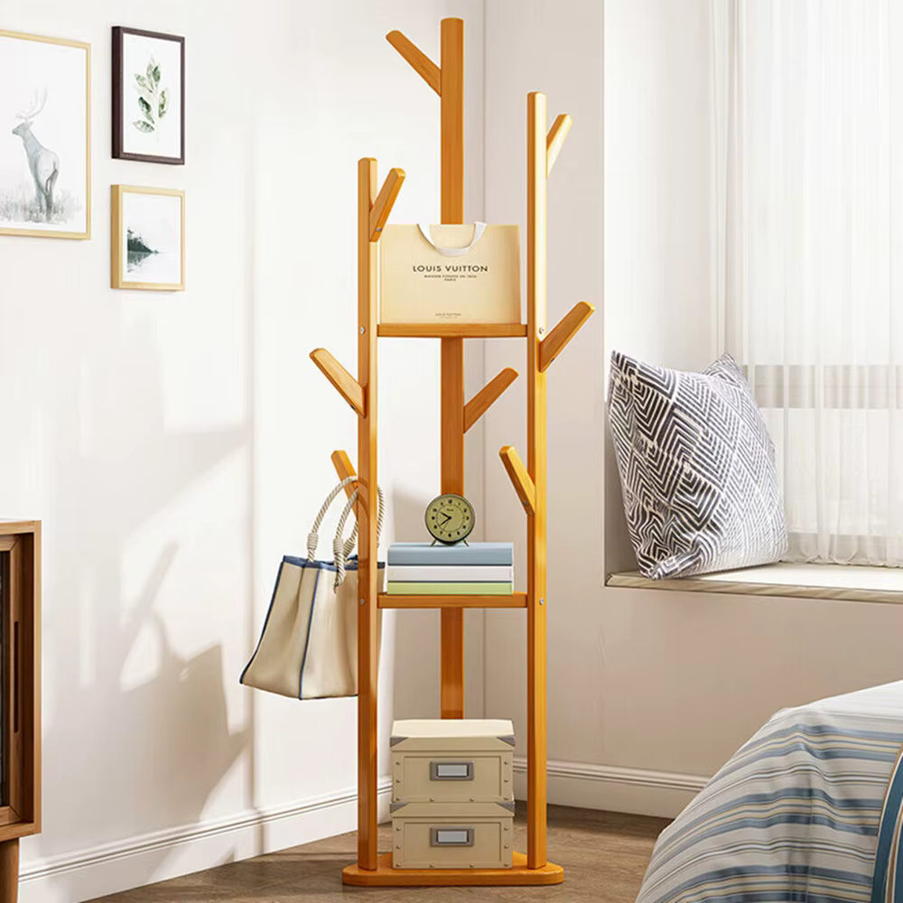 Bamboo Corner Tree Coat Rack Stand  Clothes Hanger with Hooks and Shelves