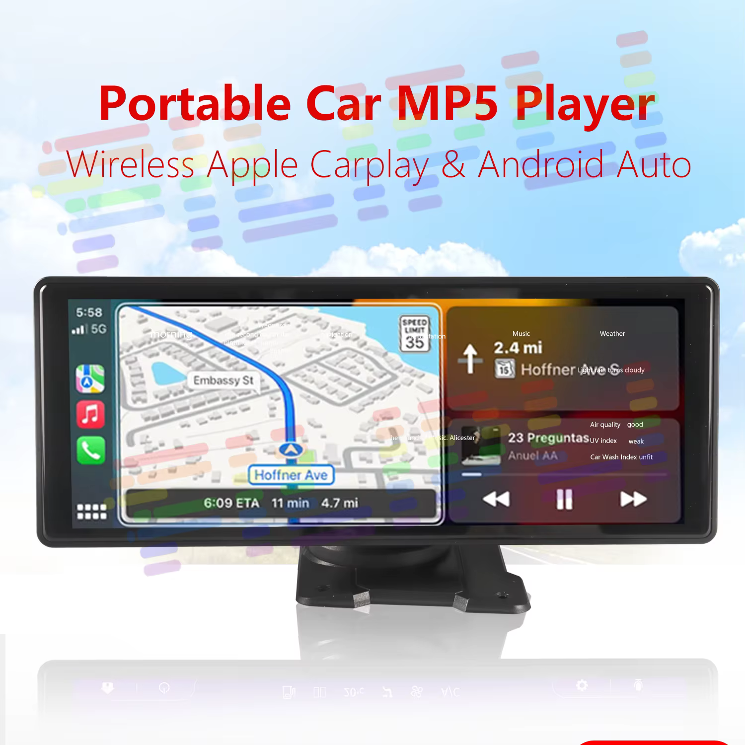10.26" Touchscreen Wireless Apple Carplay Portable Car Stereo Android Auto Navigation with Voice Control Bluetooth MP5 Music AUX