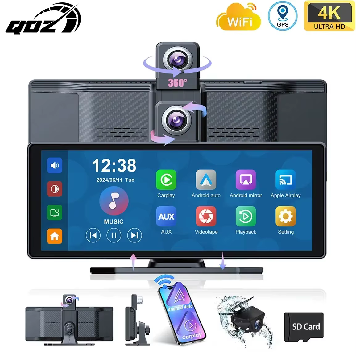 QOZ 10.26" Car Intelligent Screen with 4K 360° Rotation Dash Cam Wireless CarPlay & Android Auto AUX FM Bluetooth WIFI