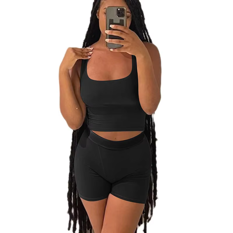 Casual Workout Sets 2 Piece Outfits for Women Ribbed Crop Tank Top High Waist Yoga Shorts Lounge Wear Tracksuit