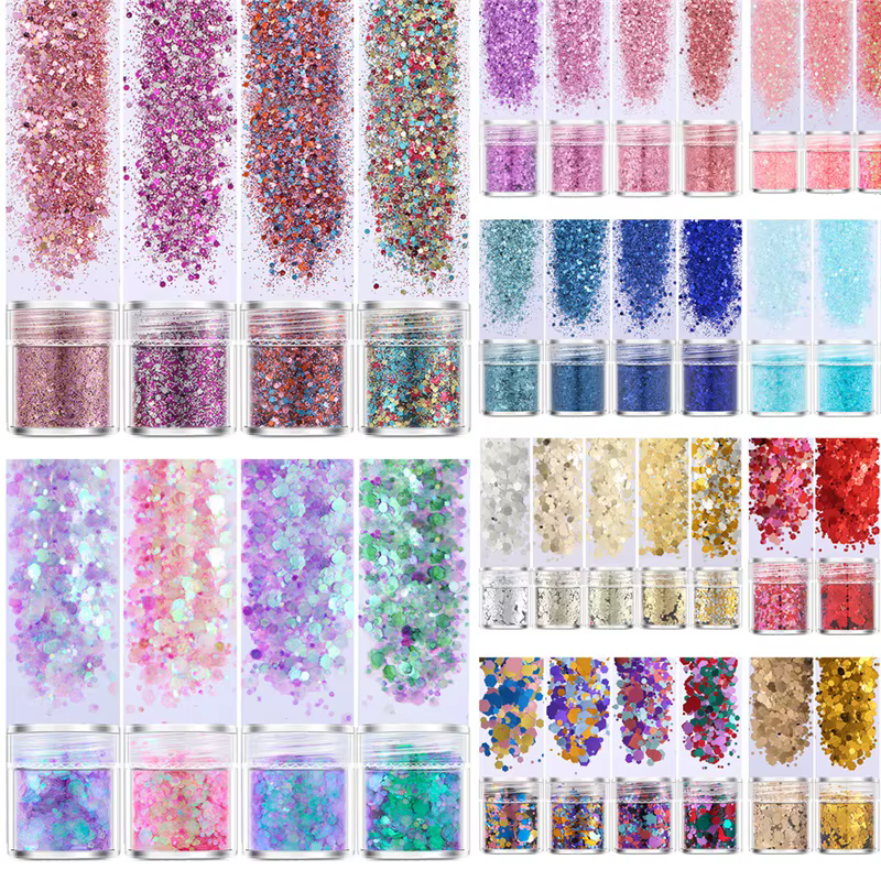 4 Boxes/set Shiny Nail Chunky Glitter Sequins Mixed Flakes Chrome Pigment Powder Decorations Manicure DIY Nails Accessories