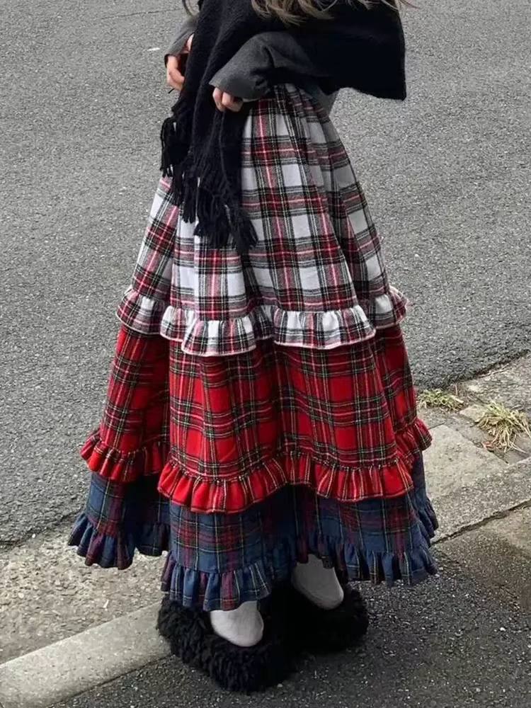 New Winter Dresses Christmas Long Skirt Spliced Lace Contrast Colors Patchwork Full Skirt Sweet England Retro Women Plaid Skirts