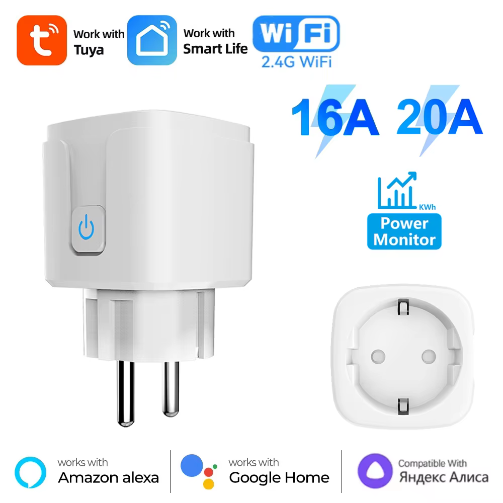 Tuya Smart Socket WiFi Smart Plug EU Outlet 20A/16A With Power Monitoring Smart Life APP Control Support Voice Google Home Alexa