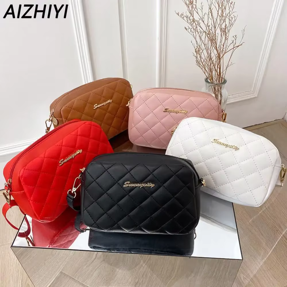 Embroidered Female Messenger Bag PU Lattice Shoulder Crossbody Bag Solid Color Stylish Ladies Handbags Shopping Daily Purse