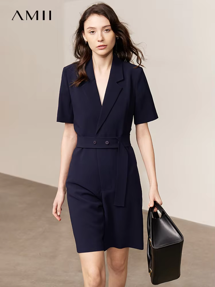 AMII Minimalism Suits for Women 2023 Summer New Office Lady Micro Wide Shoulder Suit Collar Short Sleeve Jumpsuit 12342226