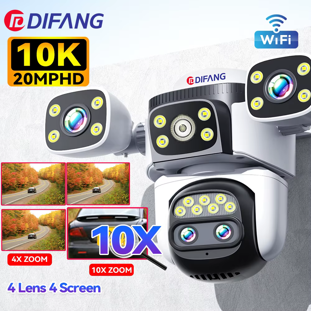 10K 20MP UHD WiFi6 IP Camera Outdoor Four Screen CCTV 10X Zoom Security Camera Ai Track Four Lens 360° Surveillance Video Cam
