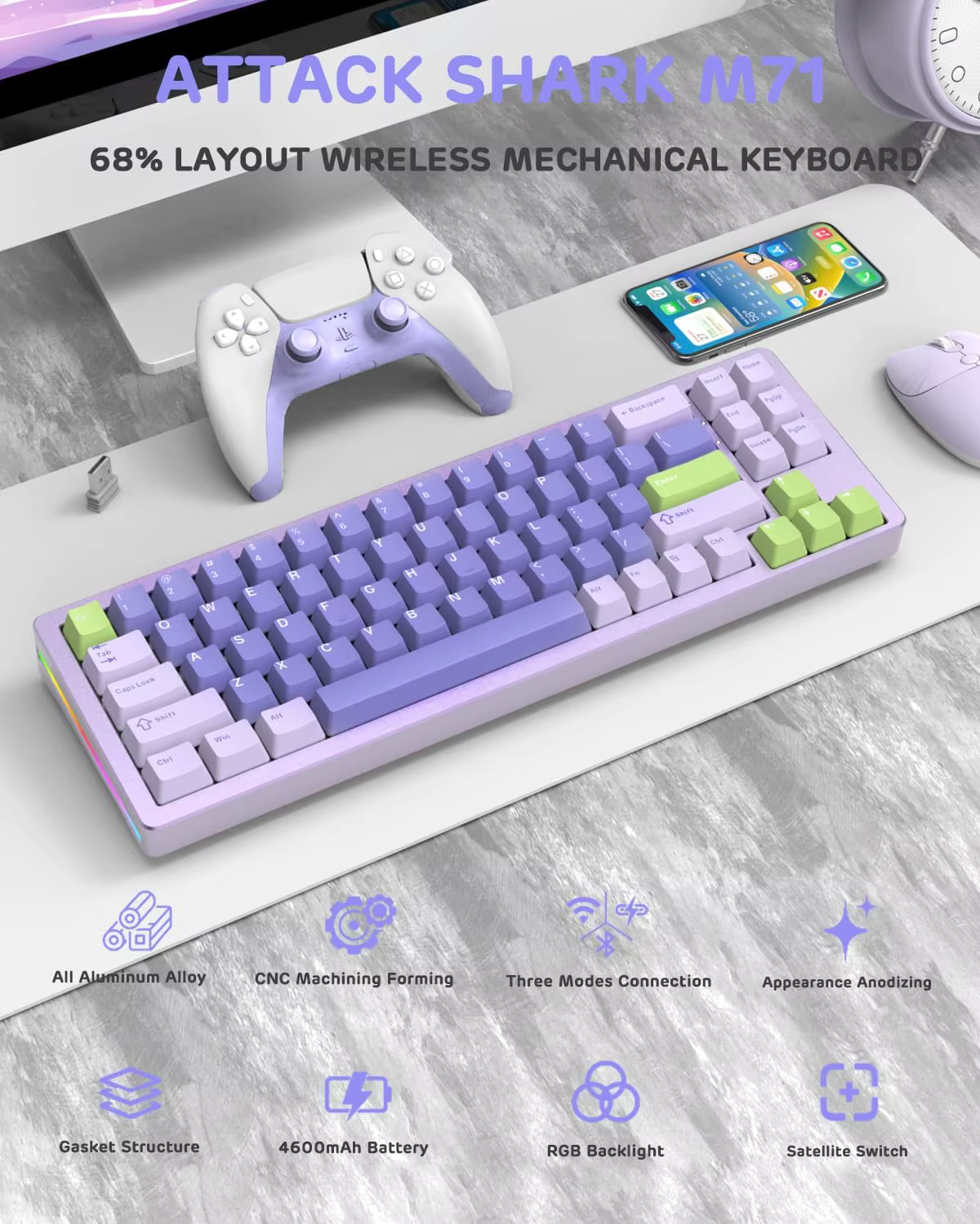 MAMBASNAKE x ATTACK SHARK M71 75% TKL Wireless Mechanical Keyboard,Full Aluminum CNC,BT5.0/2.4G/USB-C
