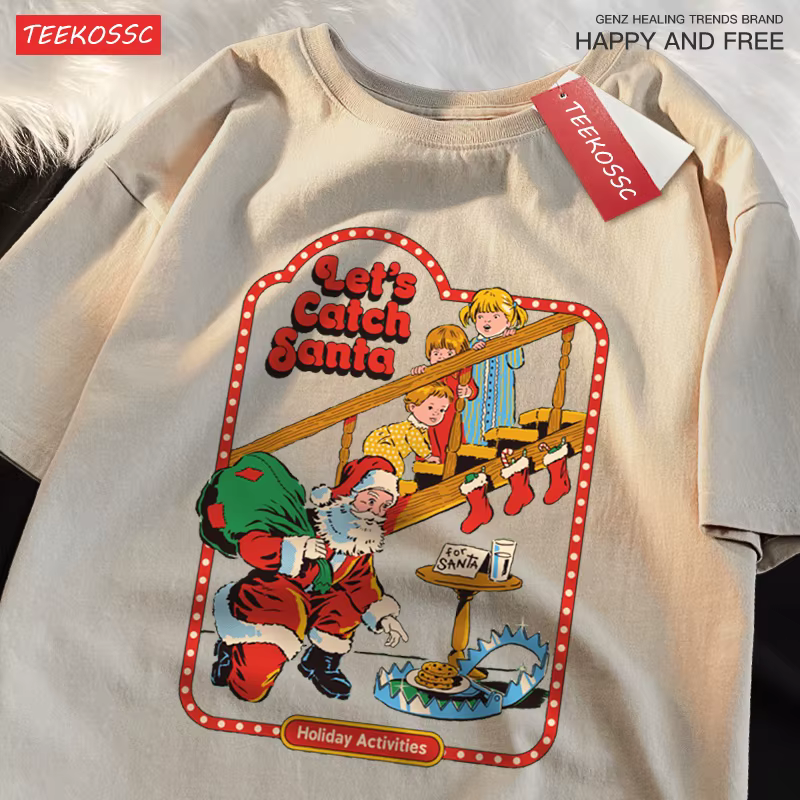 Let’S Catch Santa Holiday Activities T Shirt Men Women Cotton Breathable Tee Clothes Oversize Casual Loose T-Shirt Short Sleeve