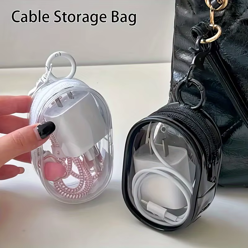 Portable Mini Clear Zipper Storage Bag - Space-Saving Organizer for Earphones & Chargers, Versatile with Handy Keychain Loop