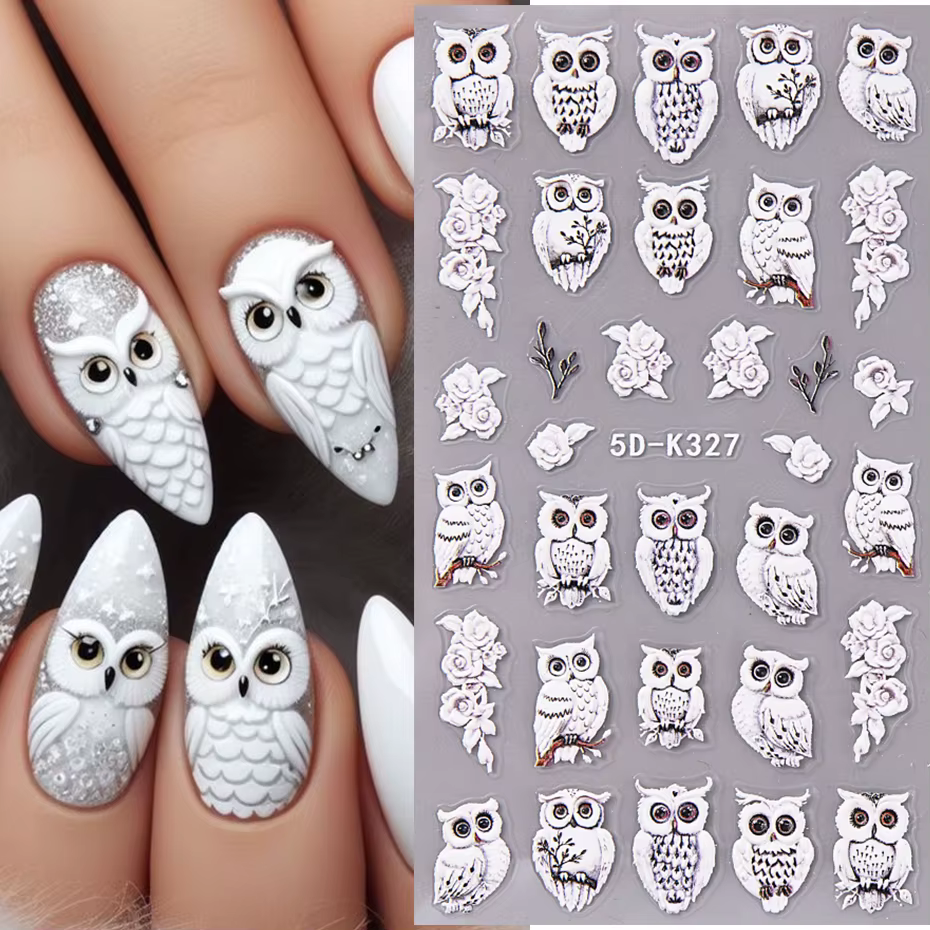 5D Embossed Christmas Owl Nail Sticker Decals Snowflakes Xmas Tree Self Adhesive Dreamcatcher Sliders Winter Manicure Decoration
