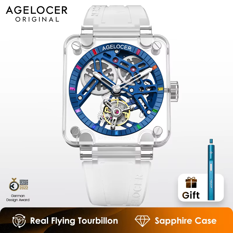 AGELOCER Original Tourbillon Watch Sapphire Crystal Case Men's Skeleton Manual Mechanical Watch Birthday Gift for Men
