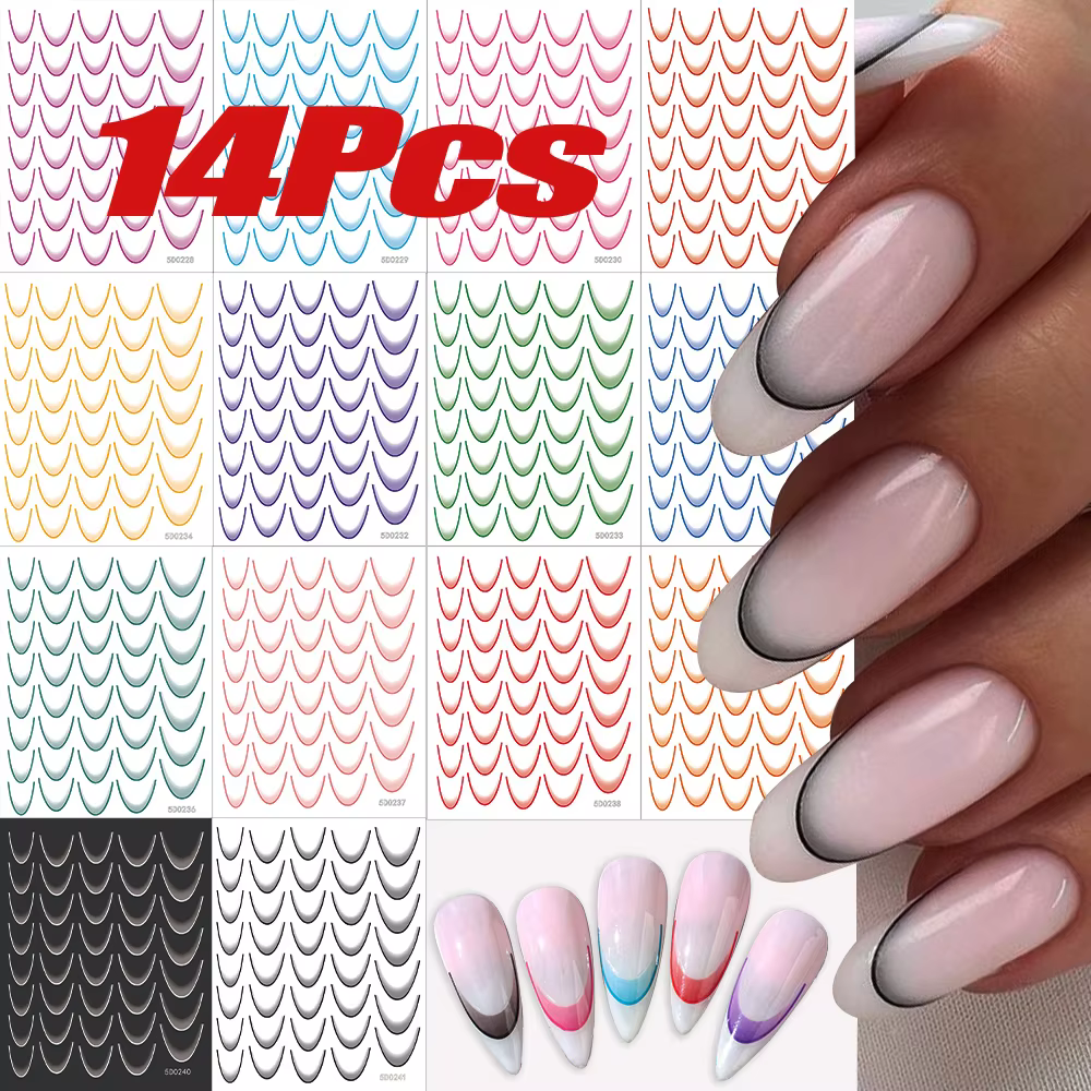 14Pcs/set French Line Gradient Color Nail Sticker 5D Pink/Blue/Purple/White Wave Line Decal Self-Adhesive Gradient French Slider