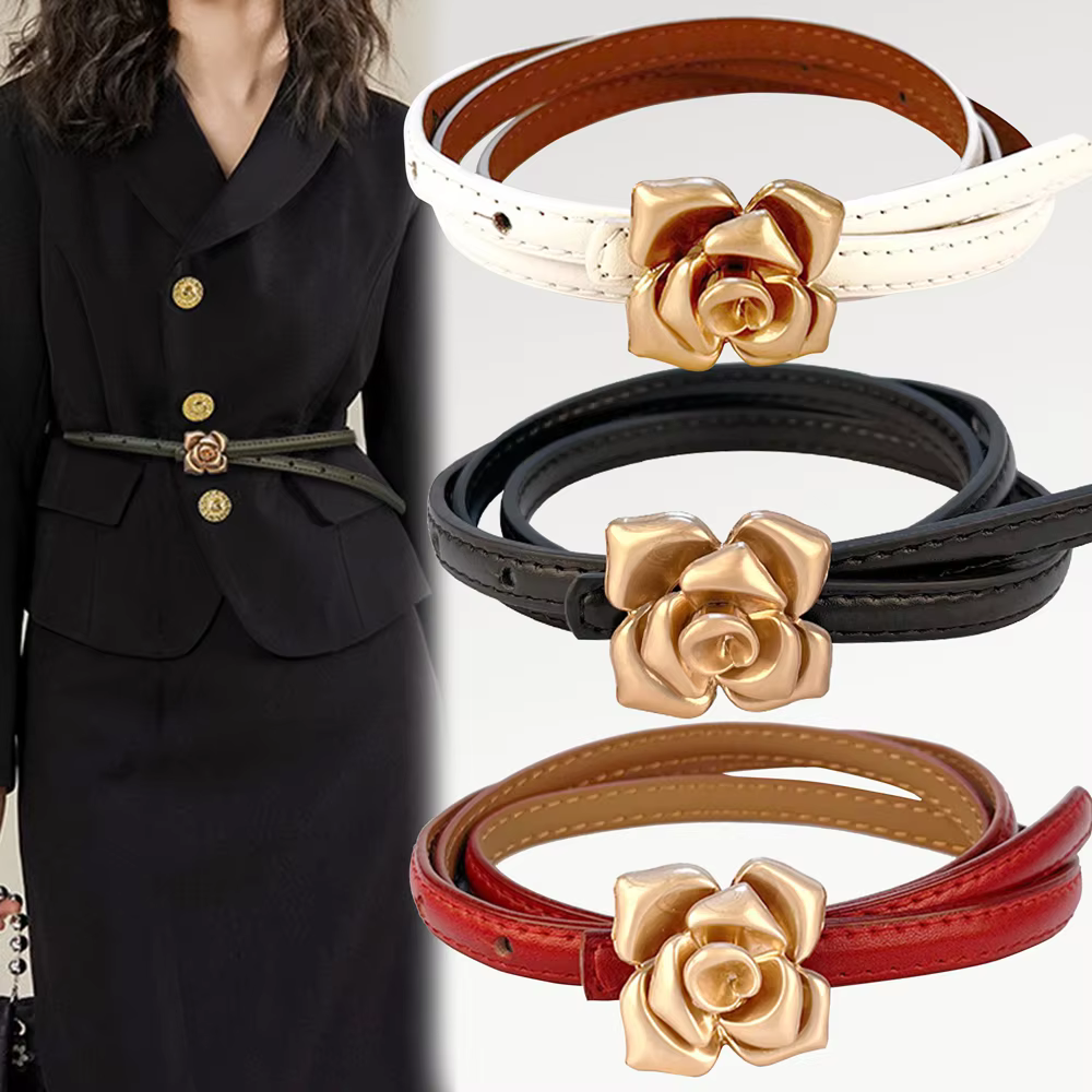 1.0cm New Unique Rose Genuine Leather Gold Belt Women Fashion Cowskin Flower Thin Belts Female Jeans Dress Waistband