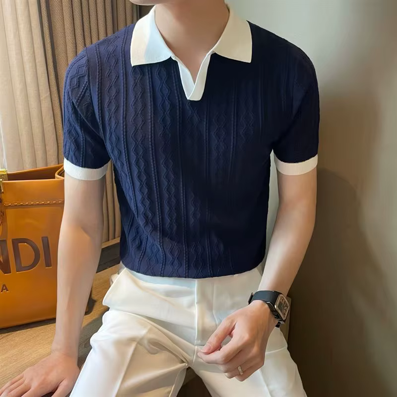 Spring Summer Fashion Elegant Flip Neck Tees Knitted Casual Versatile Western Commuter Clothing Loose Solid Men's Polo Shirts
