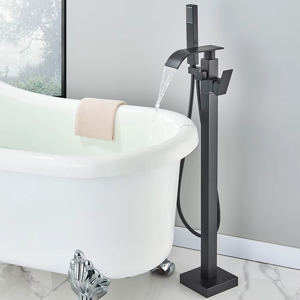 Black Waterfall Free Standing Tub Faucet Floor Tub Filler Faucet Brass Bathroom Tub Faucets with Hand Shower