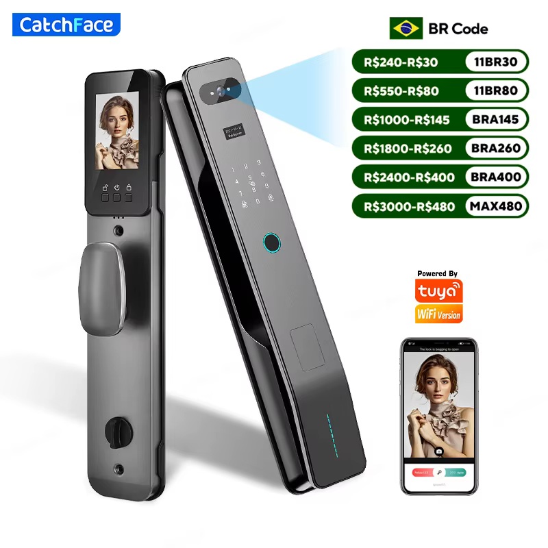 Facial Recognition Portuguese Automatic Door Lock TUYA Front Door Fingerprint Smart Lock Digit Camera Visible Inner Screen