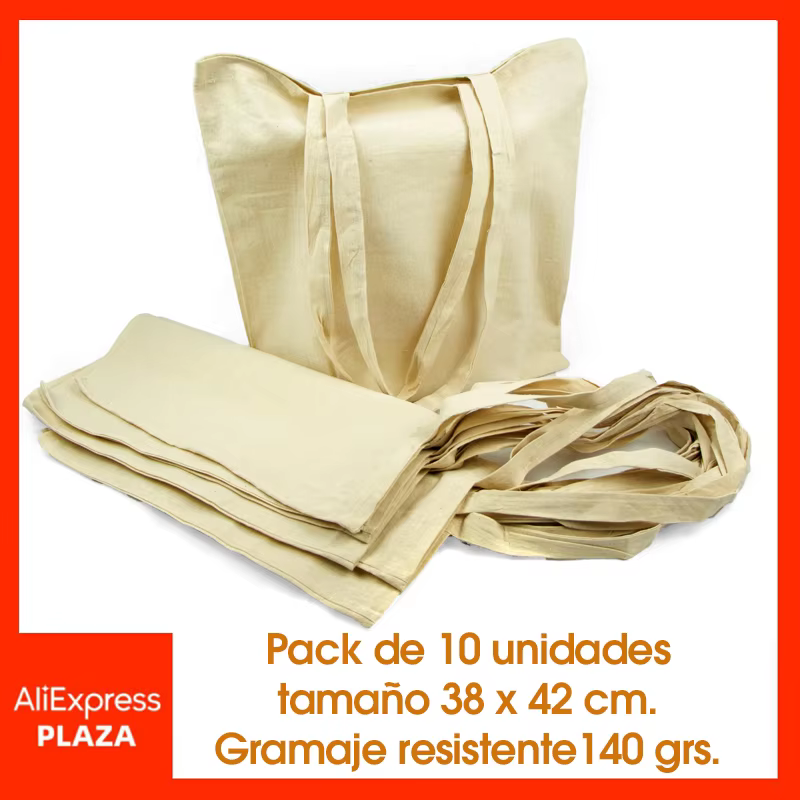 Biodegradable cotton fabric bag Natural ECO Pack 10 PCs reusable resistant long handles buy Tote bag DIY fruits vegetables fairs Congress promotions gifts