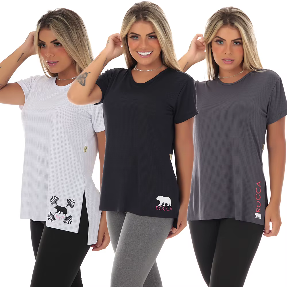 KIT 3 BLUSAS FITNESS DRY FIT POLIAMIDA TAPA BUMBUM