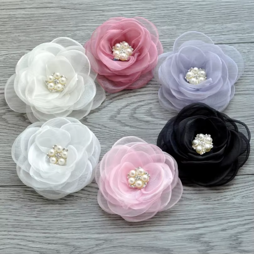 10pcs/lot 4.3" 6colors Hair Clips Gauze Layered Flower+Rhinestone For Girls Hair Accessories Rose Fabric Flowers For Headbands