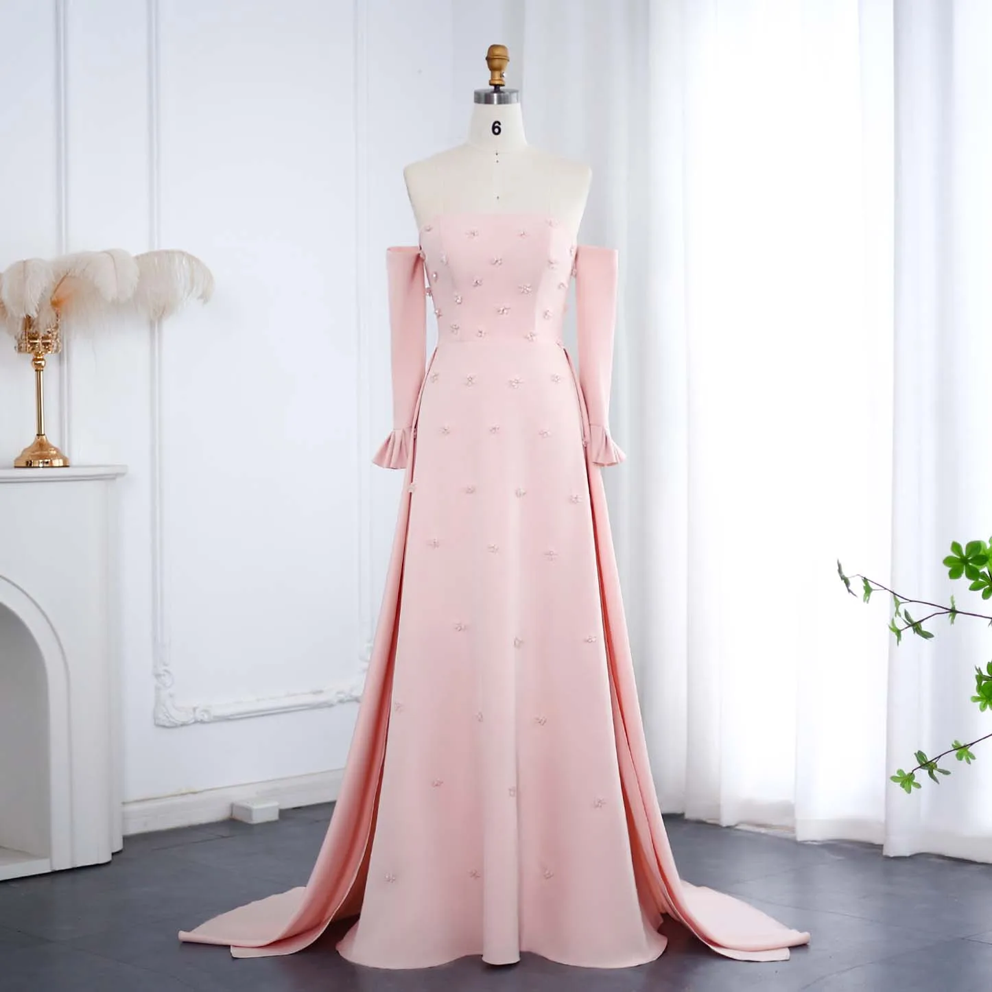 Sharon Said Elegant Strapless 3D Floral Beaded Pink Evening Dress with Long Sleeves Overskirt for Women Wedding SS540 Customized