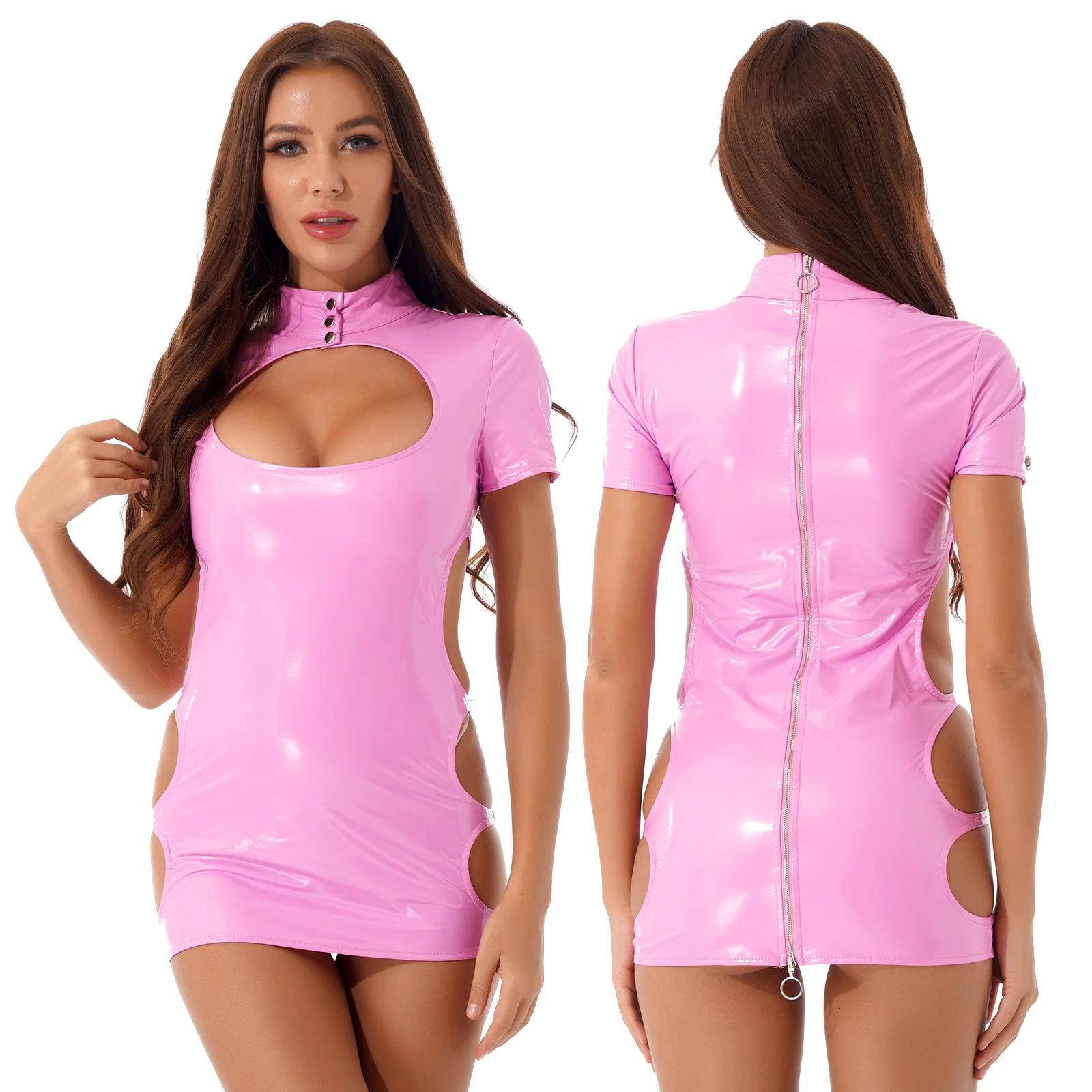Women Sexy Ladies Wet Look Costume Pole Cocktail Leather Bare Breast Mini Dress PVC Latex Short Sleeve Back Zipper Clubwear