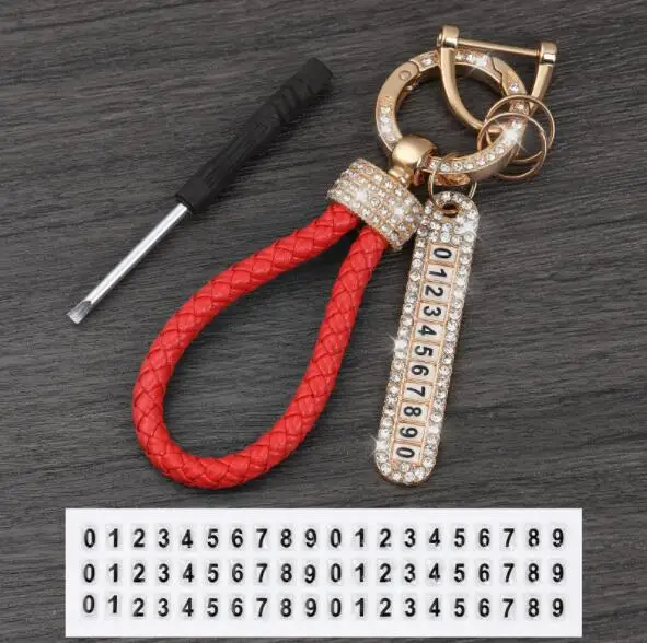 Diamond Leather Car Keychain Metal Key Rings Pendant Nylon Rope Auto Key Holder With Anti-lost Phone Number Plate Car Accessorie