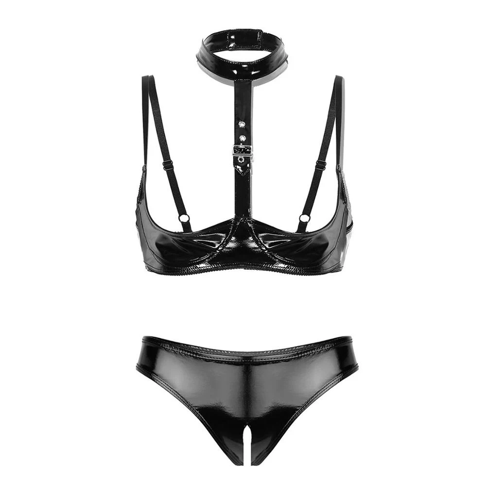 Womens Wet Look Leather Crotchless Open Cup Exotic Lingerie Set Open Cups Shelf Bra Top with Open Crotch High Cut Briefs Panties