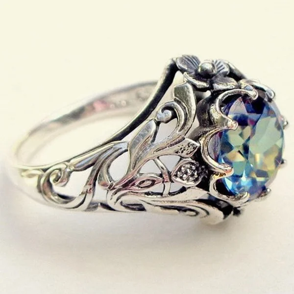 Vintage Women''s Jewelry 925 Sterling Silver Rings 1.76CT Mystic Rainbow Topaz Diamond Antique Gemstone Ring Wedding Band