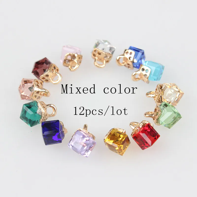 Free Shipping 12pcs Colorful Crystal Birthstones Cube Gift Charms Pendant 8MM For Glass Living Memory Locket DIY Accessories