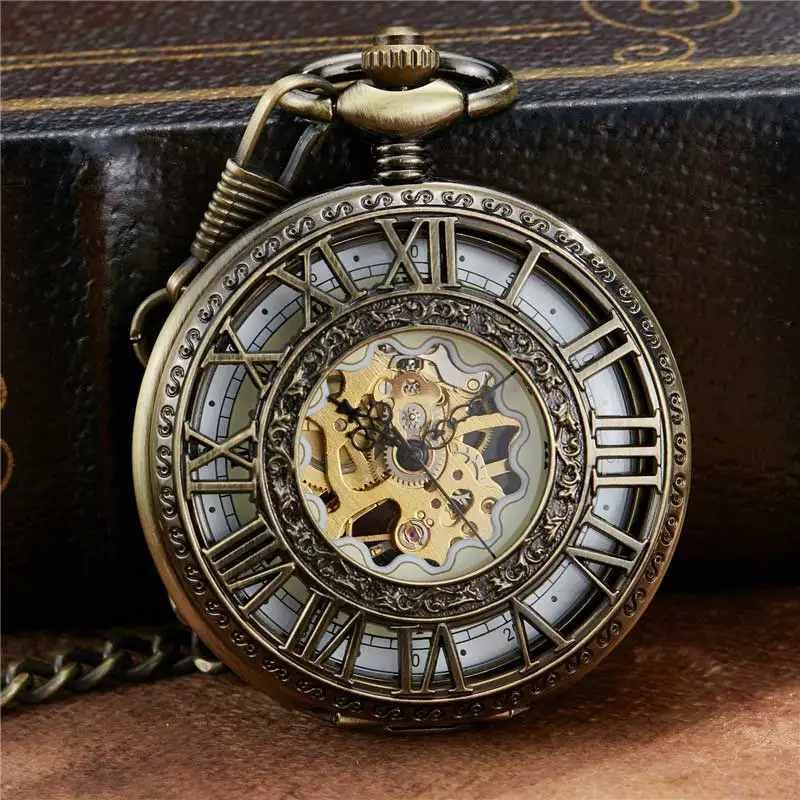 Vintage Roman Dial Mehanical Pocket Watch FOB Chain Smooth Golden Hollow Skeleton Hand Wind Mechanical Mens Womens Watch