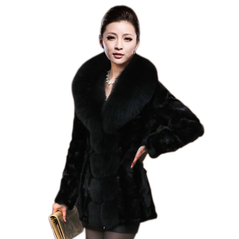 Luxury Genuine Mink Fur Coat Jacket with big fox collar Slim Belt Winter Genuine Women Fur Outerwear Plus Size 3XL 4XL 5XL