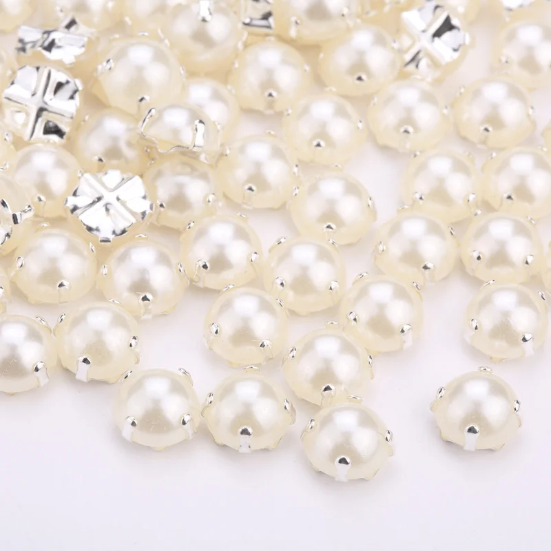 Multi Sizes Ivory Pearl with Silver/Gold Claw Pearl Sewing Round Flatback beads For Wedding Dress Accessory DIY Crafts