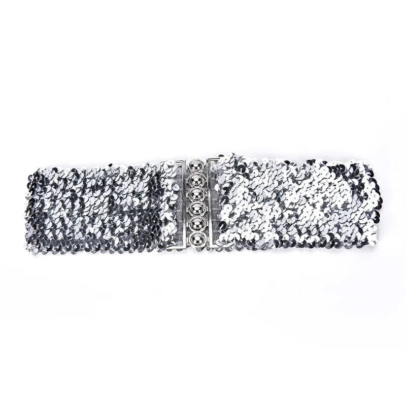 Women Shinny Cummerbund High Fashion Metallic Sequin Women Dress Belts Gold/Black/ Free Ize Wide Stretch Belt