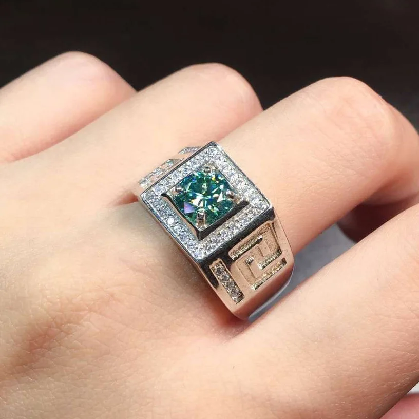 2022 Solitaire Male 3ct Lab Green Moissanite Ring 925 sterling silver Wedding band Rings for Men Finger Party Jewelry