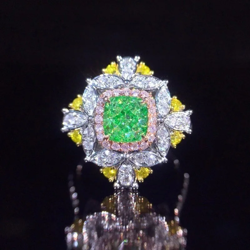 Fashion Green High Carbon Japanese Light Luxury Moissanite Open Female Ring Wedding Feasts Jewelry Women Rings Engagement Gift