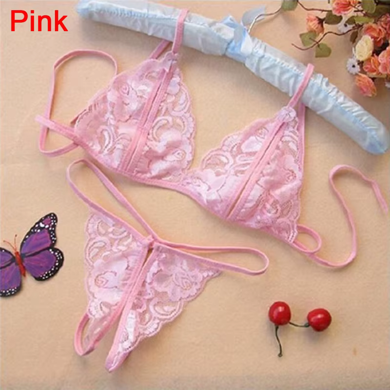 1set Women Bra Brief Sets Sexy Underwear Lace Open Crotch G-String + Bra + Net Socks + Sling Lingerie Set Cueca