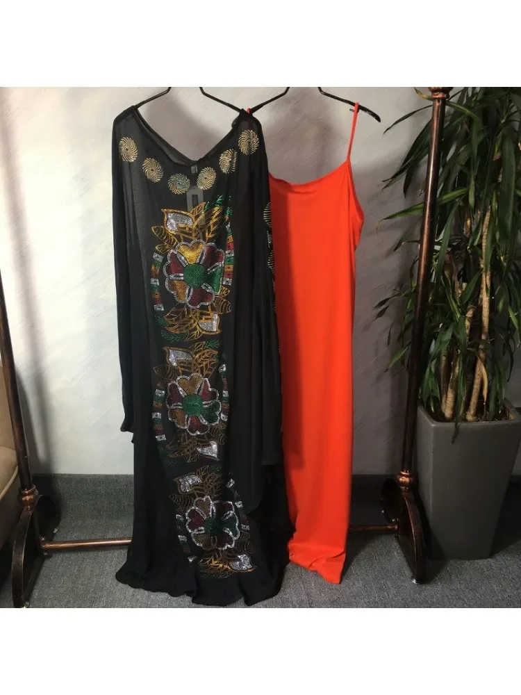 African Dashiki Kaftan Dress For Women Traditional Chiffon Hot Drill Batwing Sleeve Plus Size Long Dresses Elegant Muslim Abaya
