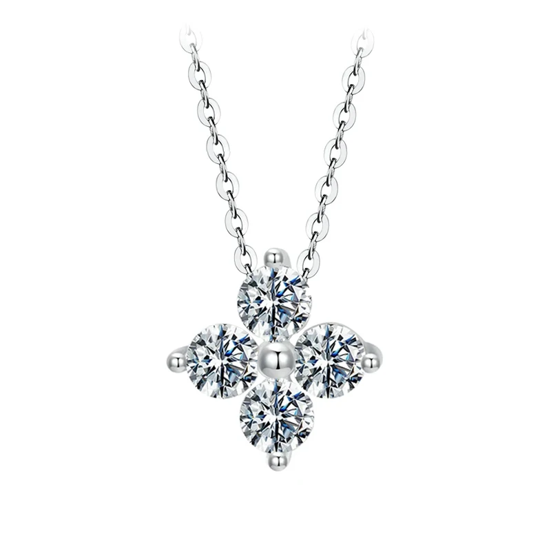 BAMOER Shiny Moissanite Flower Pendant Necklace For Women Wedding Party S925 Silver with White Gold Plating Jewelry MSN038