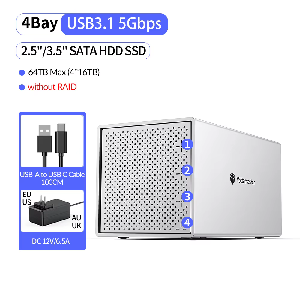 Yottamaster 4 Slot RAID Enclosure 4 Bay 2.5/3.5-inch USB3.0 to SATA3.0 RAID External HDD Array Enclosure Support 4*10TB and UASP