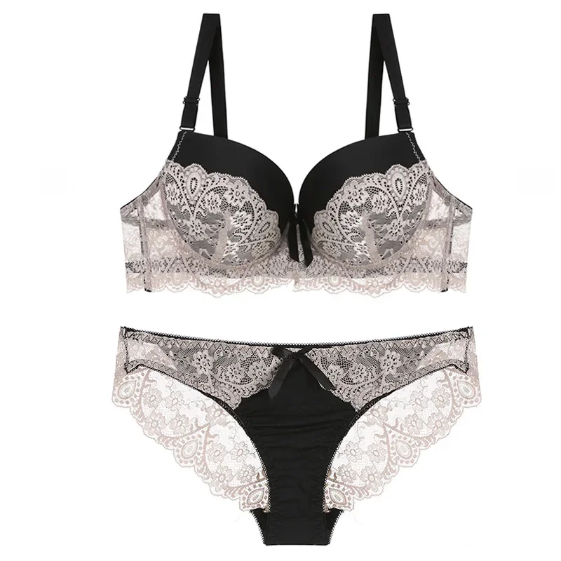 2024 New French Lace Sexy Push-up Bra with Thin Cups Gathered Together Bra Set Foreign Trade Hollow Thin Briefs Underwear Set
