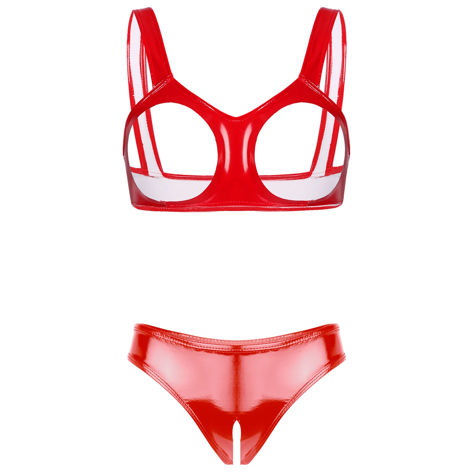 2Pcs Womens Wet Look Patent Leather Sexy Lingerie Set Open Cups Shelf Bra Top with Open Crotch High Cut Briefs Underwear Panties