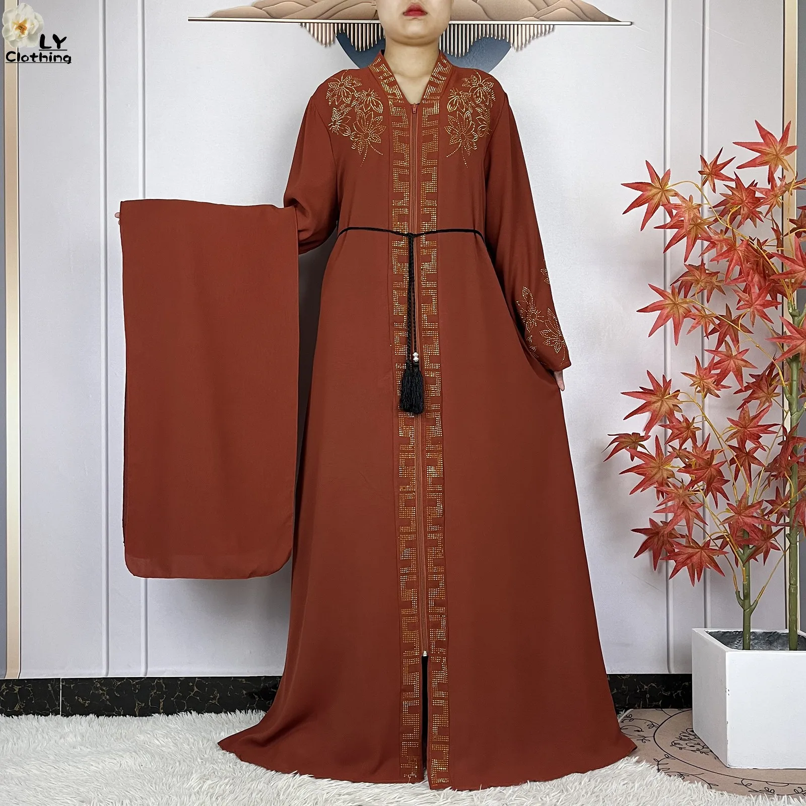 New African Abaya Muslim For Women Elegant Dress Chiffon Open Chains Loose Fit Femme Robe Islam Dubai Party Dresses With Turban