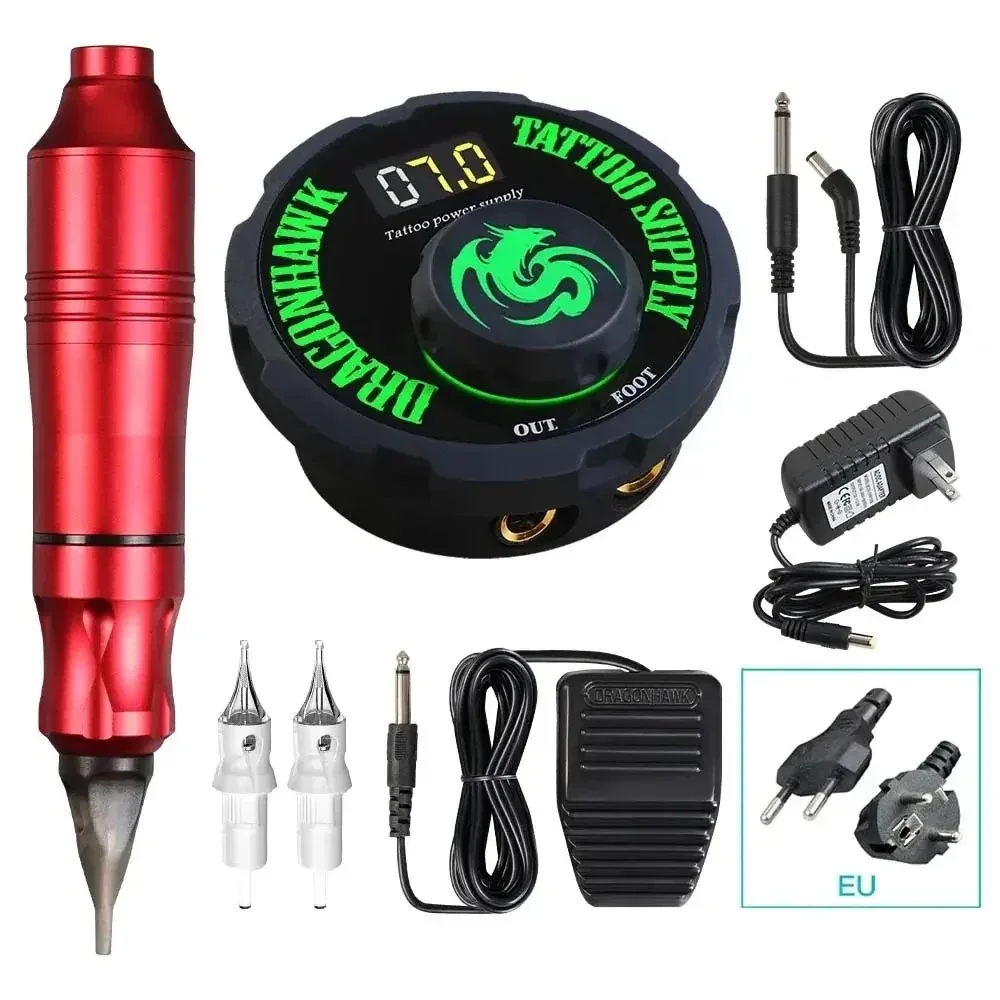 Dragonhawk Complete Rotary Tattoo Machine Pen Set Tattoo Kit LCD Power Pedal Permanent Makeup Machine Assortment