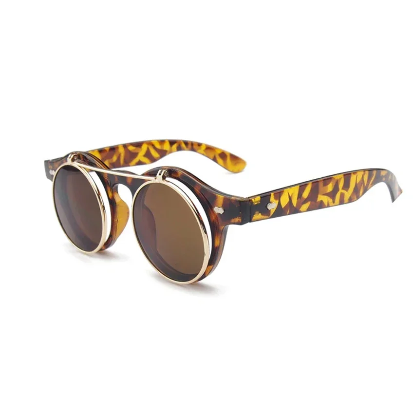 FOENIXSONG Mens Round Sunglasses Steampunk Flip Up Lens Oculos Gafas De Sol Retro Women's Sun Glasses Gothic Steam Punk Eyewear
