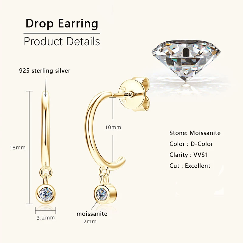 Lnngy 2MM Moissanite Pendant Earrings For Women 925 Sterling Silver C-shaped Earring European American Piercing Jewelry Gift